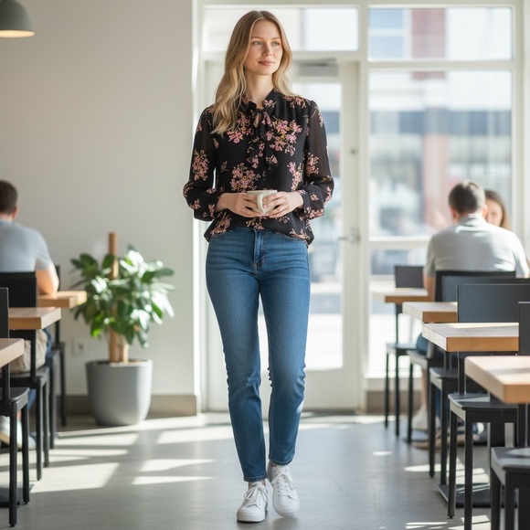 WhoWhatWear Floral Mandarin collar blouse Size Small - Picture 2 of 7